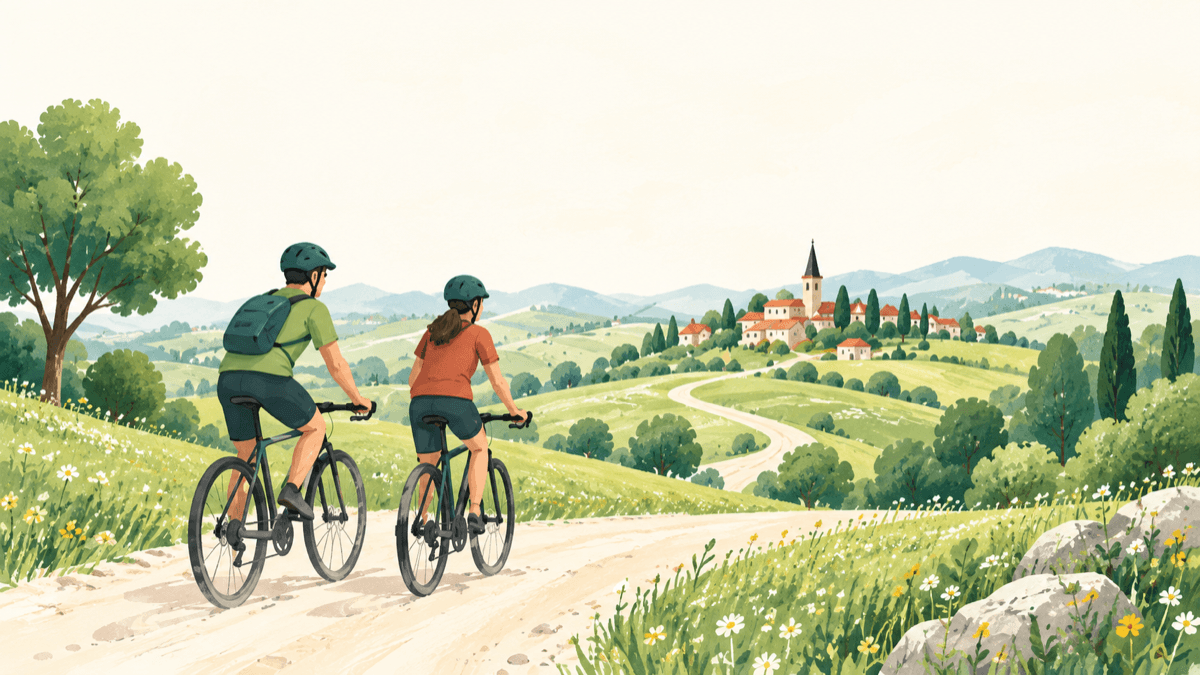 Zwei Radfahrende in einer hügeligen Landschaft