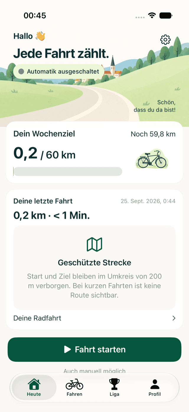 Bikez Startbildschirm mit Wochenziel und letzter Fahrt